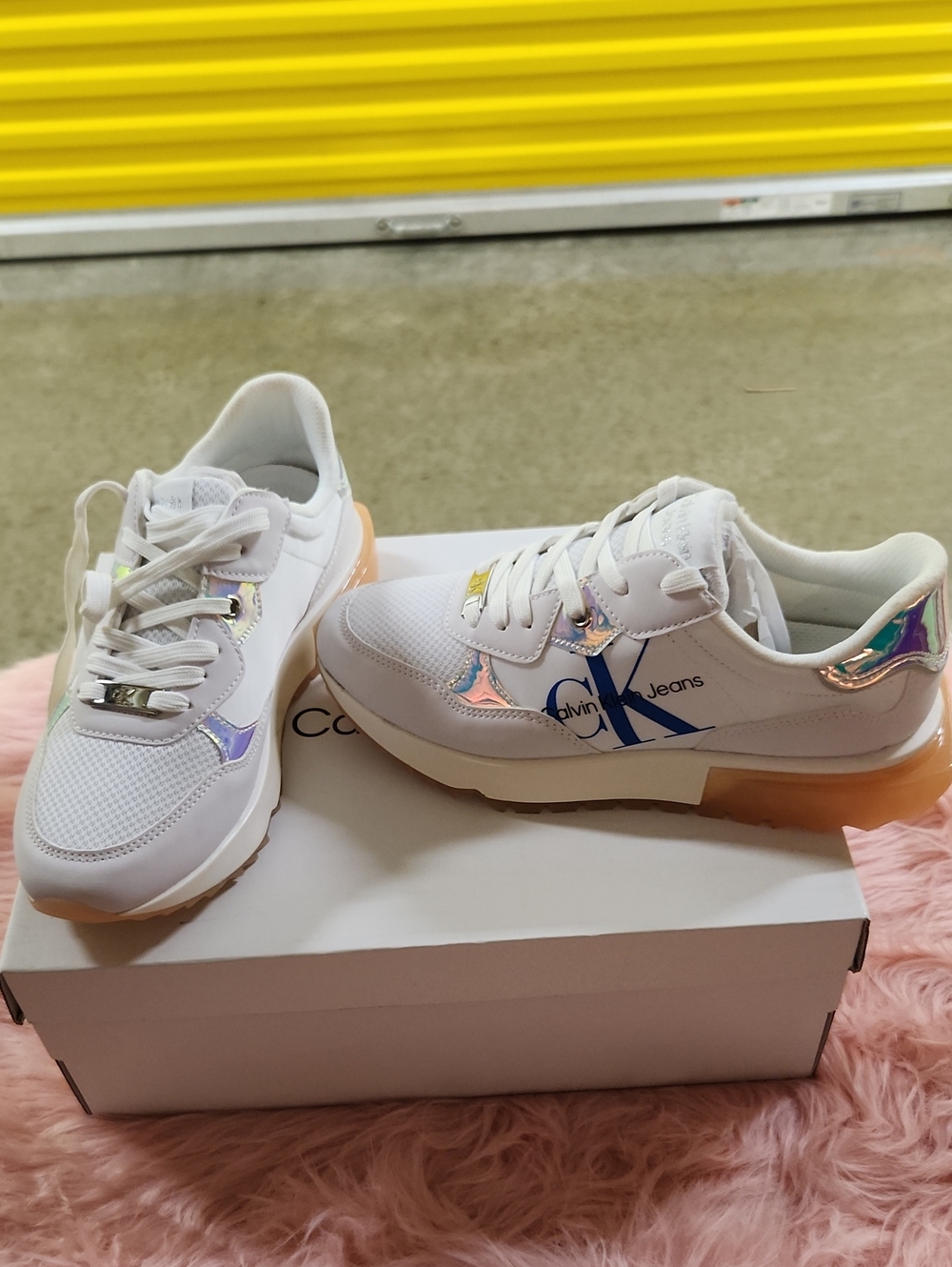 Calvin Klein White Sneakers with Holographic Accents and Gum Sole
